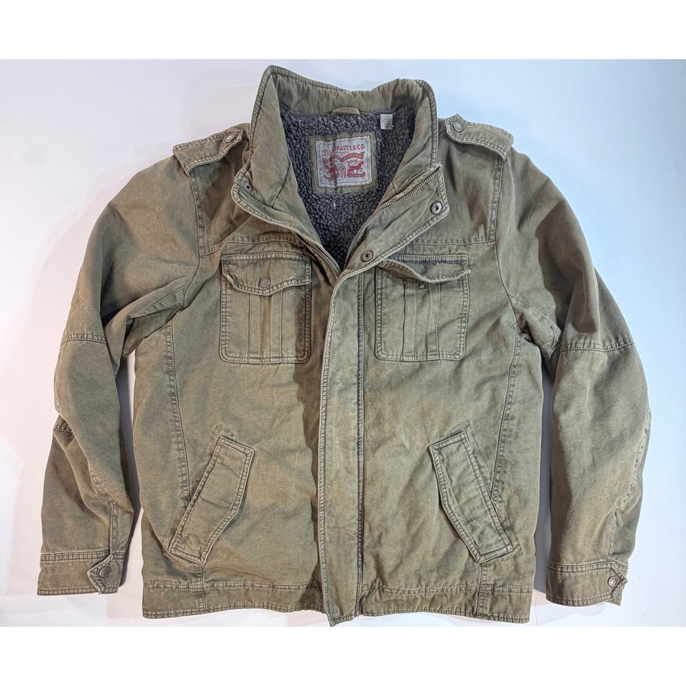 Levis Mens Military Field Jacket Olive Green Sherpa Lined Canvas Coat Large